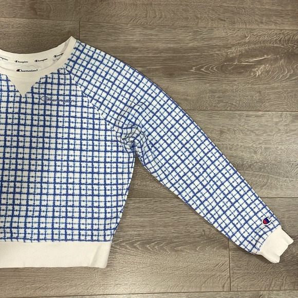 Champion Cropped Crewneck Sweatshirt Blue White Windowpane Checked S - Picture 6 of 15